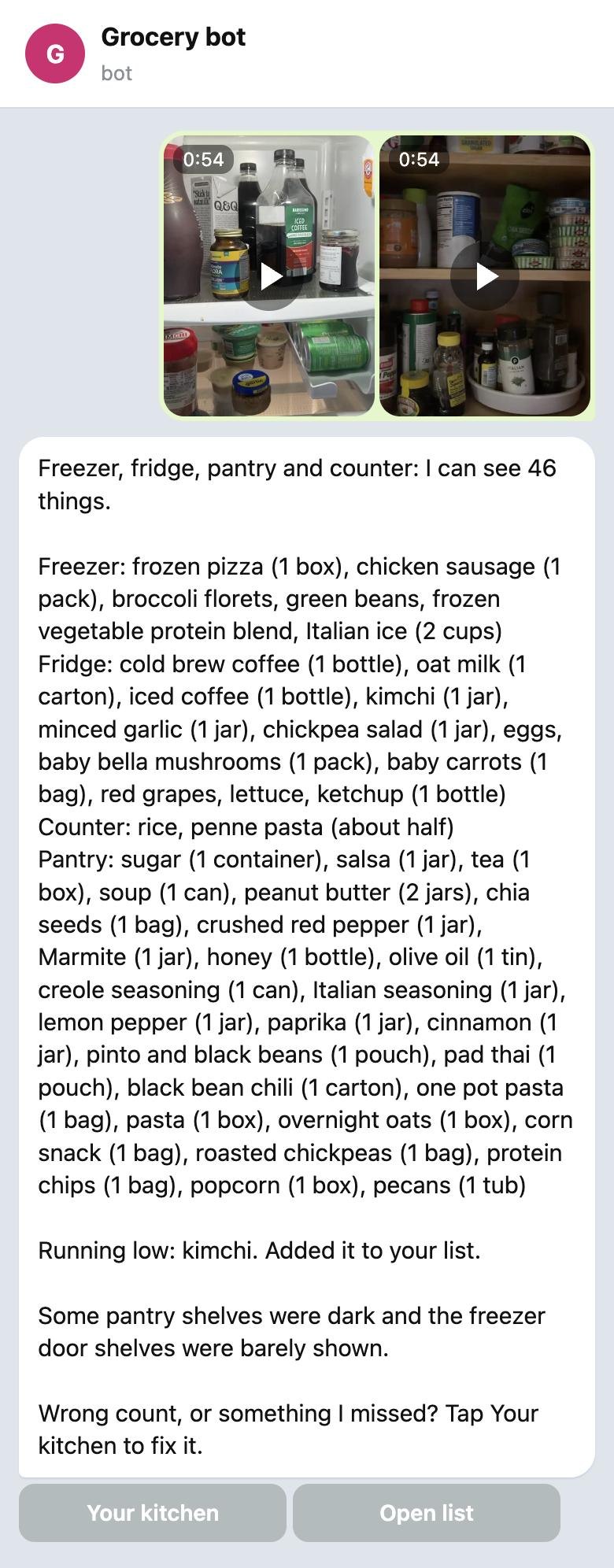 Two kitchen videos sent to Grocery bot, and its reply: 46 things across the freezer, fridge, pantry and counter, with counts, and kimchi running low
